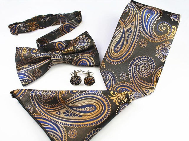 GUSLESON New Plaid Paisley Tie Set 100% Silk Jacquard Mens Necktie Gravata Hanky Cufflinks Bowtie Set Mens Tie for Wedding Party - YuppyCollections