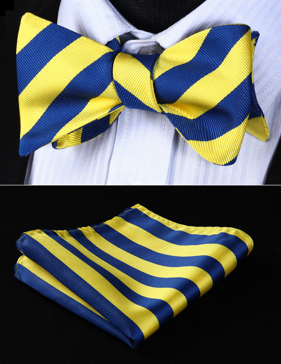 Wedding Pocket Square BS903YS Yellow Blue Stripe Bowtie Men Silk Self Bow Tie handkerchief set Party  Classic - YuppyCollections