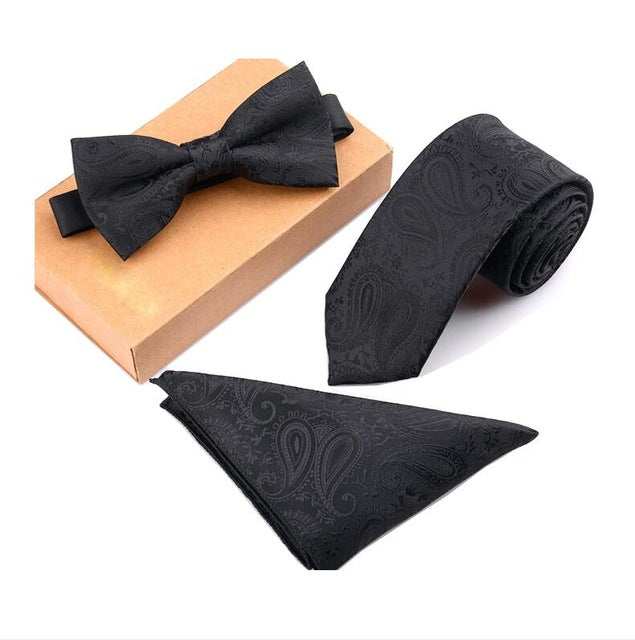 GUSLESON Slim Tie Set Men Bow Tie and Pocket Square Bowtie Necktie Cravate Handkerchief Papillon Man Corbatas Hombre Pajarita - YuppyCollections