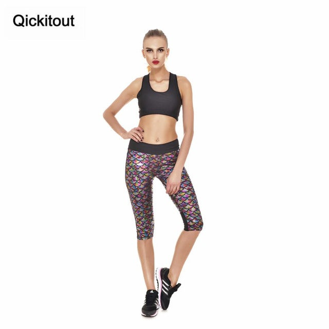 Qickitout Capri Pants 2016 Wholesale Women summer plus size Fashion Mermaid Scales stretch casual leggings capris slim pants - YuppyCollections