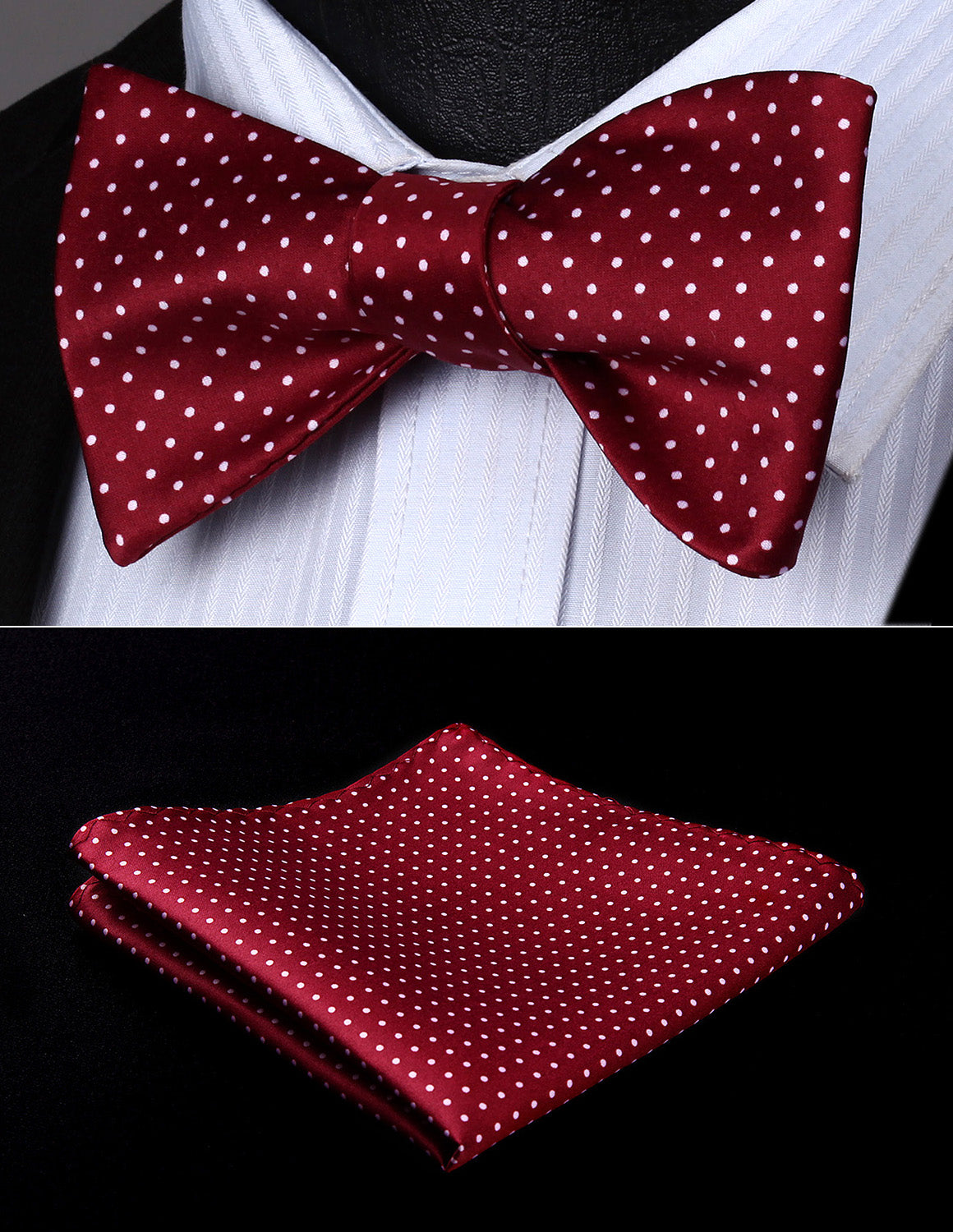 Party  Pocket Square Classic Wedding  BD601XS Red White Polka Dot Bowtie Men Silk Self Bow Tie handkerchief set - YuppyCollections