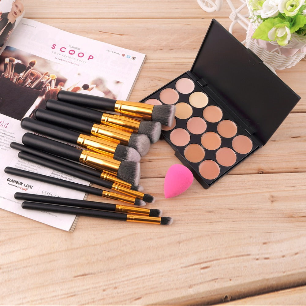 10 pcs Professional Eye Makeup Brushes Set Kit Wood Brush + 15 Colors Concealer Palette + Sponge Puff 2017 Cosmetic Make Up Tool - YuppyCollections