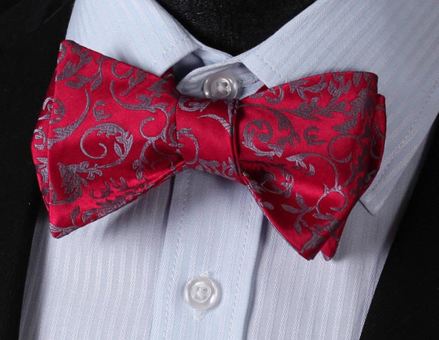 BF2018R Red Gray Floral Classic 100%Silk Jacquard Woven Men Butterfly Self Bow Tie BowTie Pocket Square Handkerchief Suit Set - YuppyCollections