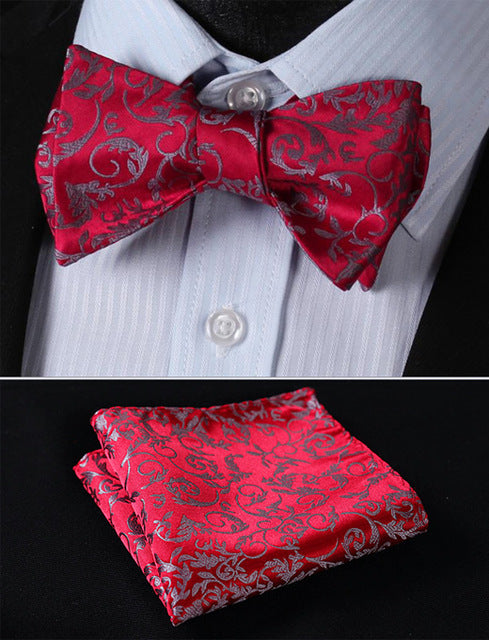 BF2018R Red Gray Floral Classic 100%Silk Jacquard Woven Men Butterfly Self Bow Tie BowTie Pocket Square Handkerchief Suit Set - YuppyCollections