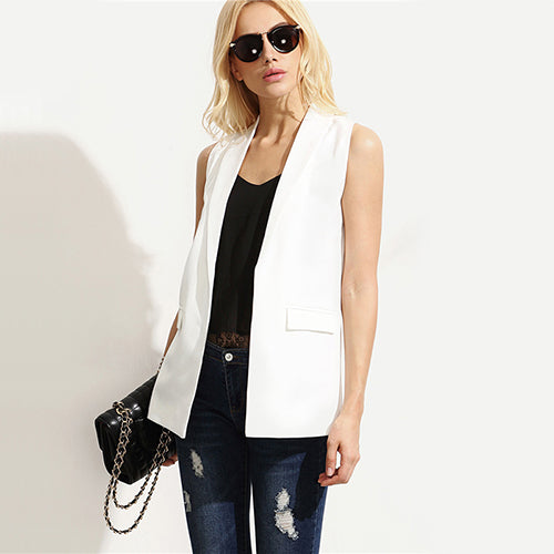 Sheinside Shawl Lapel Blazer Vest OL Elegant Open Front Women White Sleeveless Waistcoat Summer New Brief Slim Pockets Work Vest - YuppyCollections