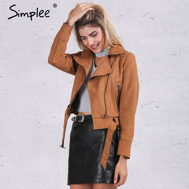 Simplee Apparel Zipper basic suede jacket coat 2016 motorcycle jacket Women outwear Pink belted short winter jackets - YuppyCollections