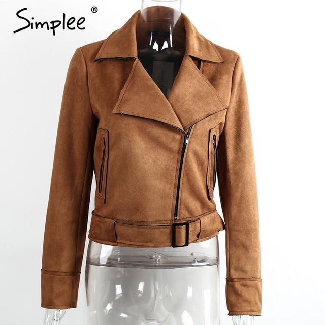 Simplee Apparel Zipper basic suede jacket coat 2016 motorcycle jacket Women outwear Pink belted short winter jackets - YuppyCollections