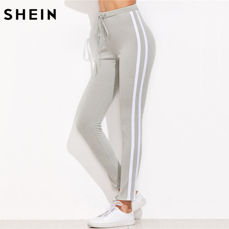 SHEIN High Waist Pants Trousers Women Drawstring Waist Skinny Pants Grey Ribbed Knit Striped Sideseam Sweatpants - YuppyCollections