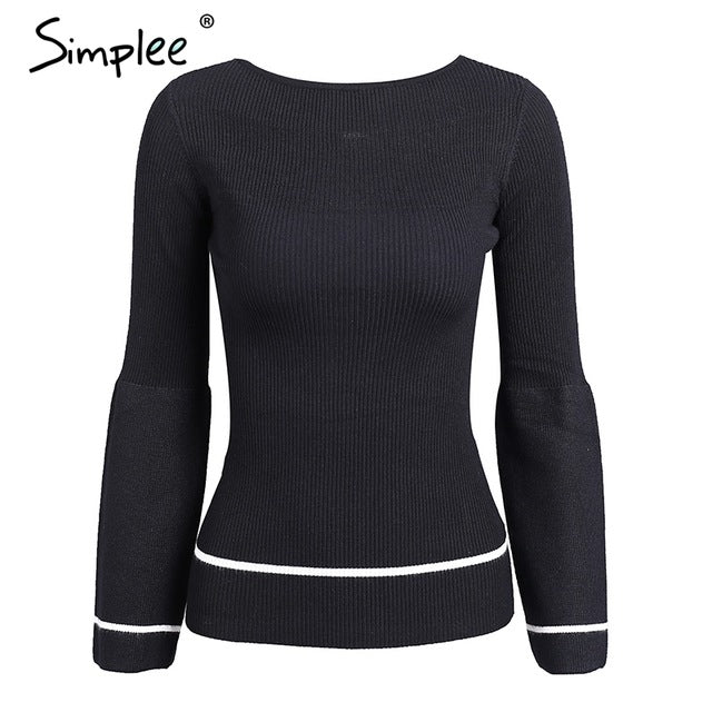 Simplee Elegant knitted pullover sweater Women warm gray long sleeve jumper Autumn winter 2017 black knitting o neck pull femme - YuppyCollections