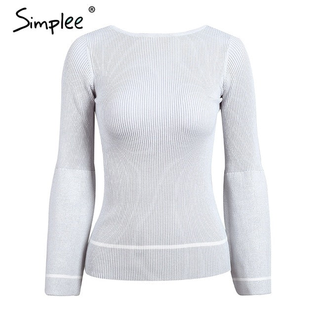 Simplee Elegant knitted pullover sweater Women warm gray long sleeve jumper Autumn winter 2017 black knitting o neck pull femme - YuppyCollections