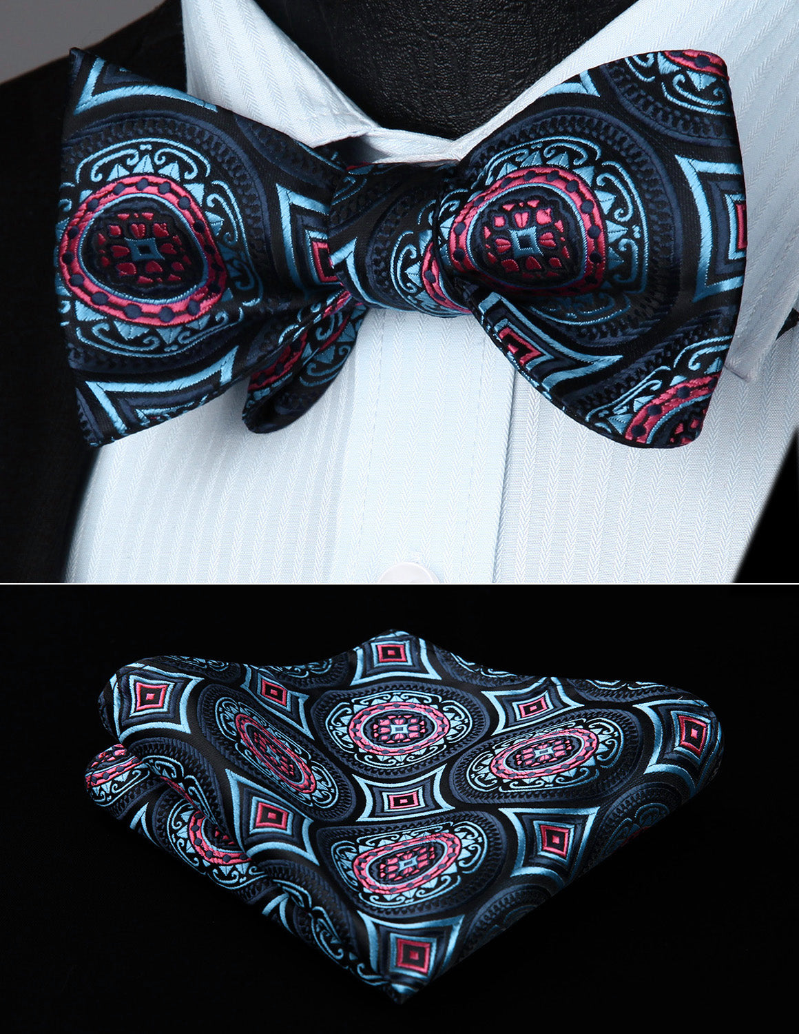 BF803BS Blue Floral Wedding Bowtie Men Silk  Self Bow Tie handkerchief set - YuppyCollections