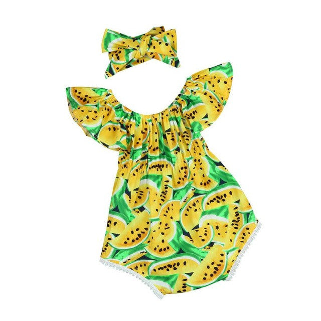 Cute Newborn Baby Girl Clothes Summer Off shoulder Watermelon Printed Toddler Kids Jumpsuit +Headband Outfits Sunsuit Clothing - YuppyCollections