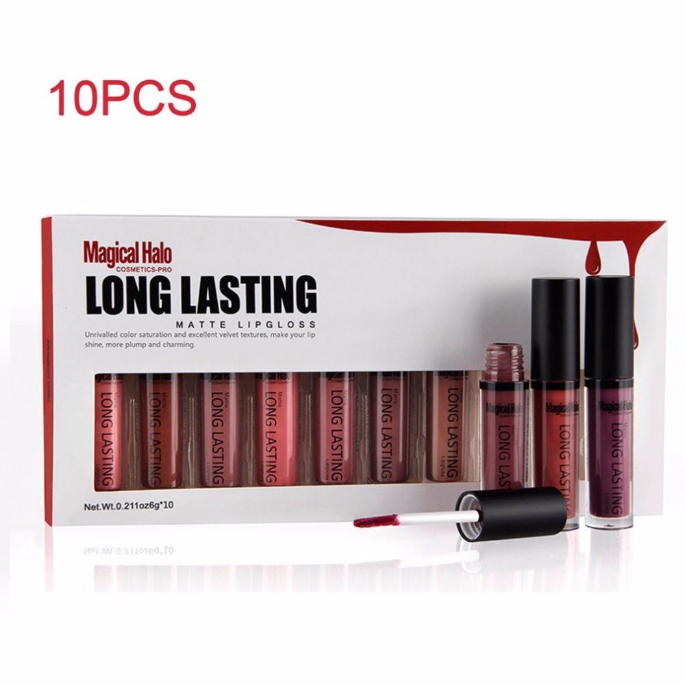 Magical Halo 10pcs/set Long Lasting Velvet Lip Gloss Pigment Waterproof Soft Texture Luster Matte Liquid Lipstick Makeup Tool - YuppyCollections