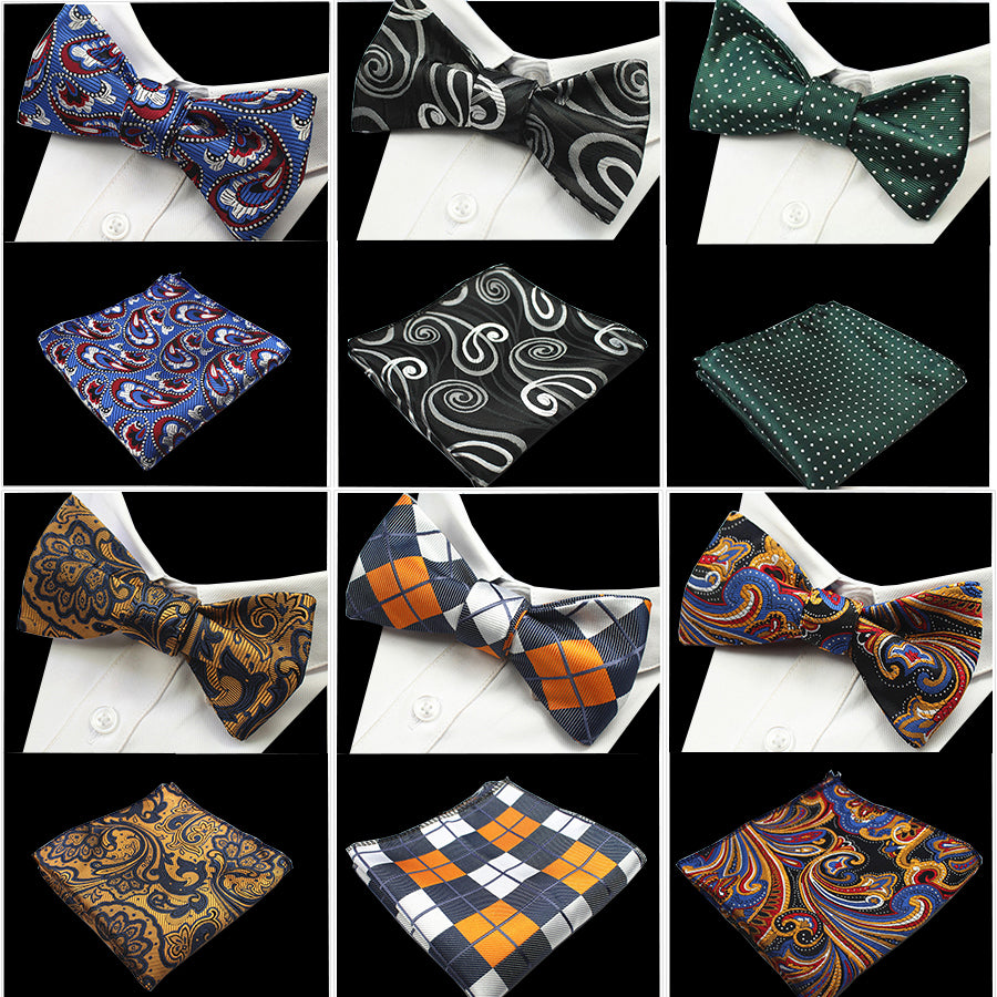 GUSLESON New Design Self Bow Tie And Hanky Set Silk Jacquard Woven Men BowTie Pocket Square Handkerchief Suit Wedding Party - YuppyCollections