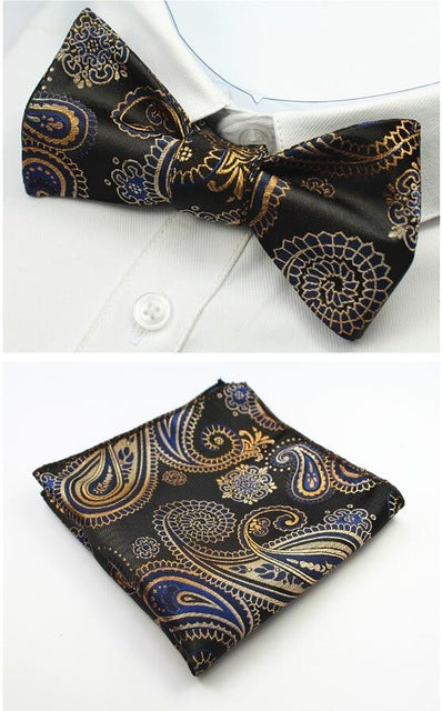 GUSLESON New Design Self Bow Tie And Hanky Set Silk Jacquard Woven Men BowTie Pocket Square Handkerchief Suit Wedding Party - YuppyCollections