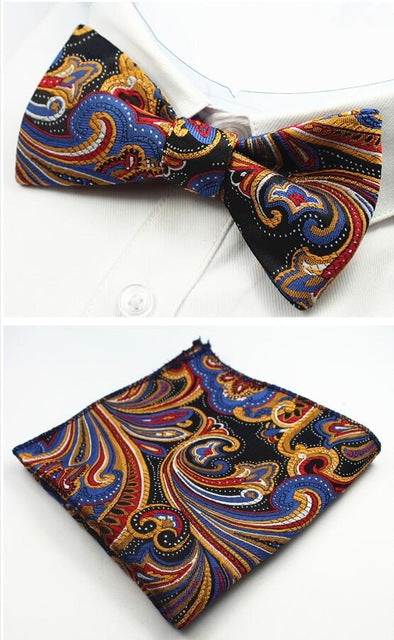 GUSLESON New Design Self Bow Tie And Hanky Set Silk Jacquard Woven Men BowTie Pocket Square Handkerchief Suit Wedding Party - YuppyCollections