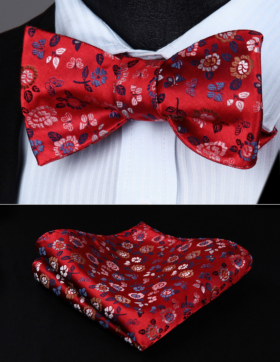 BF705RS Red Black Blue Floral Bowtie Men Silk  Self Bow Tie handkerchief set - YuppyCollections