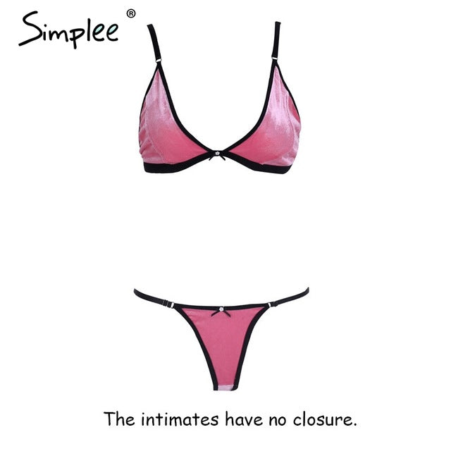 Simplee Strap velvet intimates bra brief sets Backless string women sexy lingerie set Fashion summer pink bralette set female - YuppyCollections