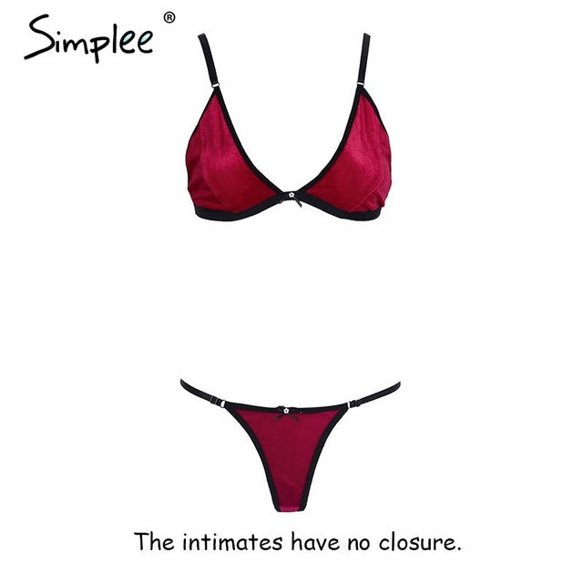 Simplee Strap velvet intimates bra brief sets Backless string women sexy lingerie set Fashion summer pink bralette set female - YuppyCollections