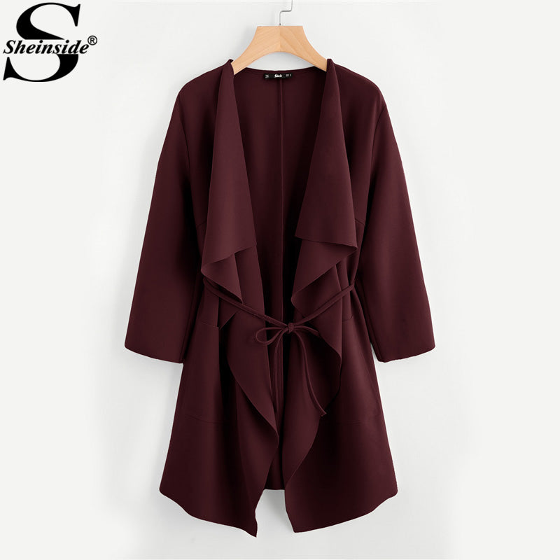 Sheinside Waterfall Collar Trench Coat Women Pocket Front Wrap Burgundy Long Sleeve With Belt Outerwear Autumn Elegant Coat - YuppyCollections