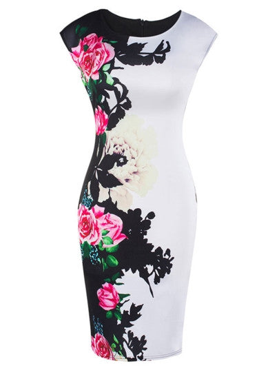 Short Sleeve Floral Imprint Women's Bodycon Dress - YuppyCollections