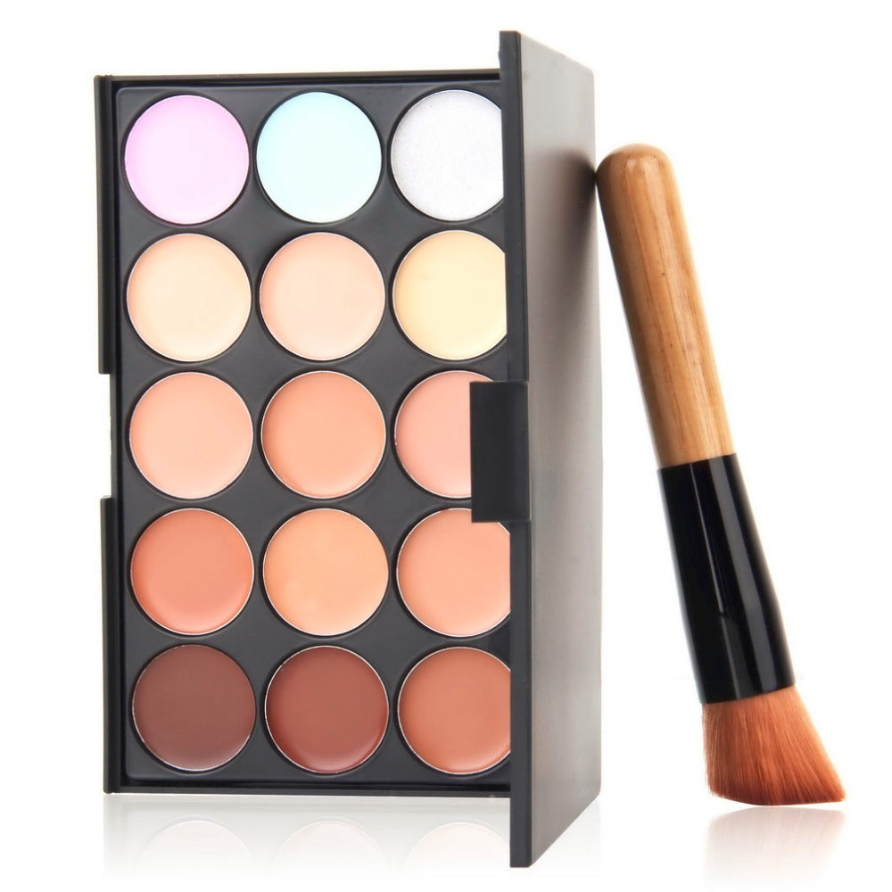 Professional 15 Colors Eyeshadow Contour Face Cream Makeup Concealer Palette With Foundation Oblique Brush - YuppyCollections