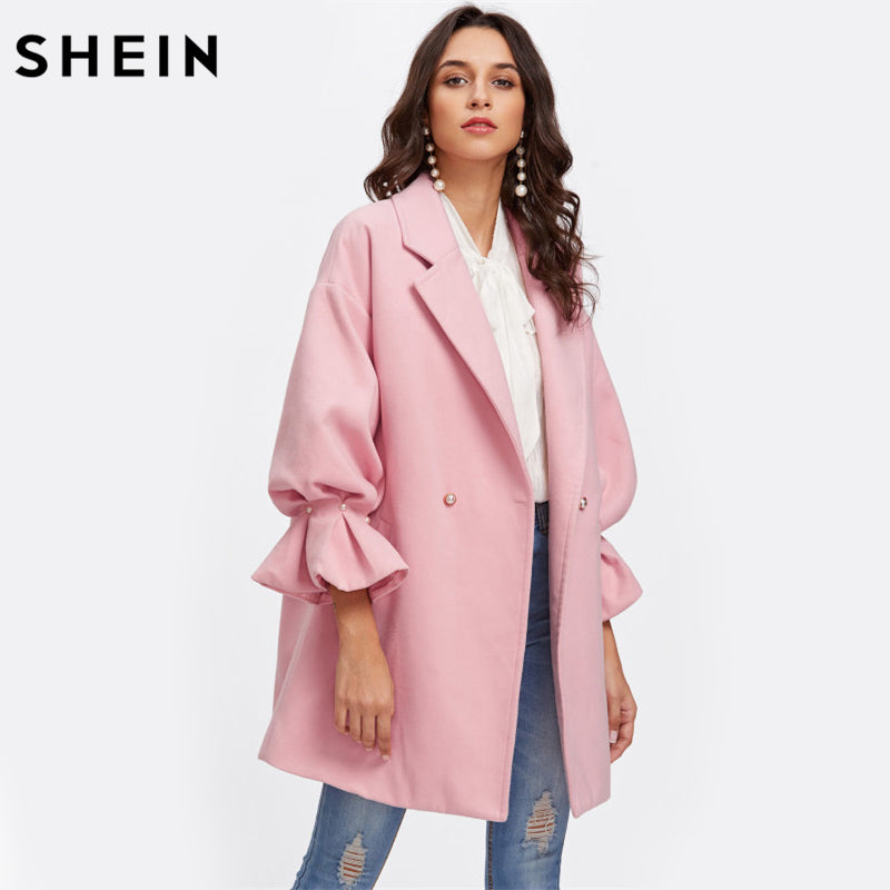 SHEIN Drop Shoulder Pearl Detail Ruffle Cuff Coat Elegant Coats for Women Pink Long Sleeve Ladies Spring Autumn Coats - YuppyCollections