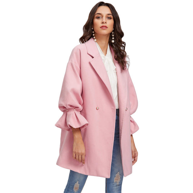 SHEIN Drop Shoulder Pearl Detail Ruffle Cuff Coat Elegant Coats for Women Pink Long Sleeve Ladies Spring Autumn Coats - YuppyCollections