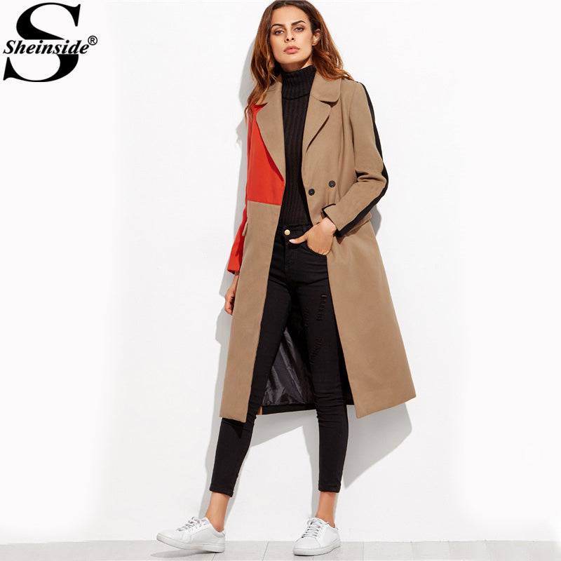 Sheinside Patchwork Double Breasted Coats Women Camel Long Sleeve Color Block Casual Long Outer 2017 Winter Work Coat - YuppyCollections