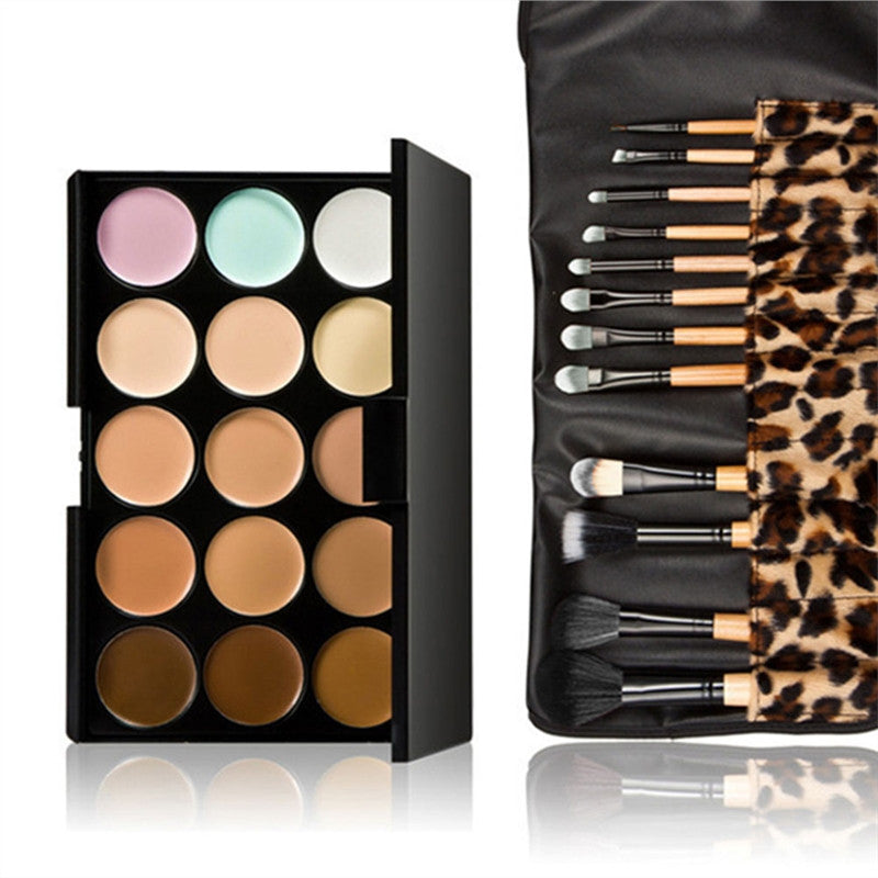 15 Colors Contour Face Cream Makeup Concealer Palette with 12pcs Leopard Brushes - YuppyCollections