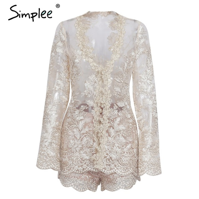 Simplee Sparkling sexy jumpsuit romper Floral gold elegant two piece jumpsuit women playsuit Backless hollow out short overalls - YuppyCollections