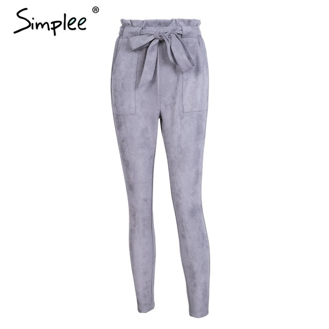 Simplee Suede high waist pencil pants capris Women bottom sash streetwear casual pants 2017 Autumn chic black winter trousers - YuppyCollections