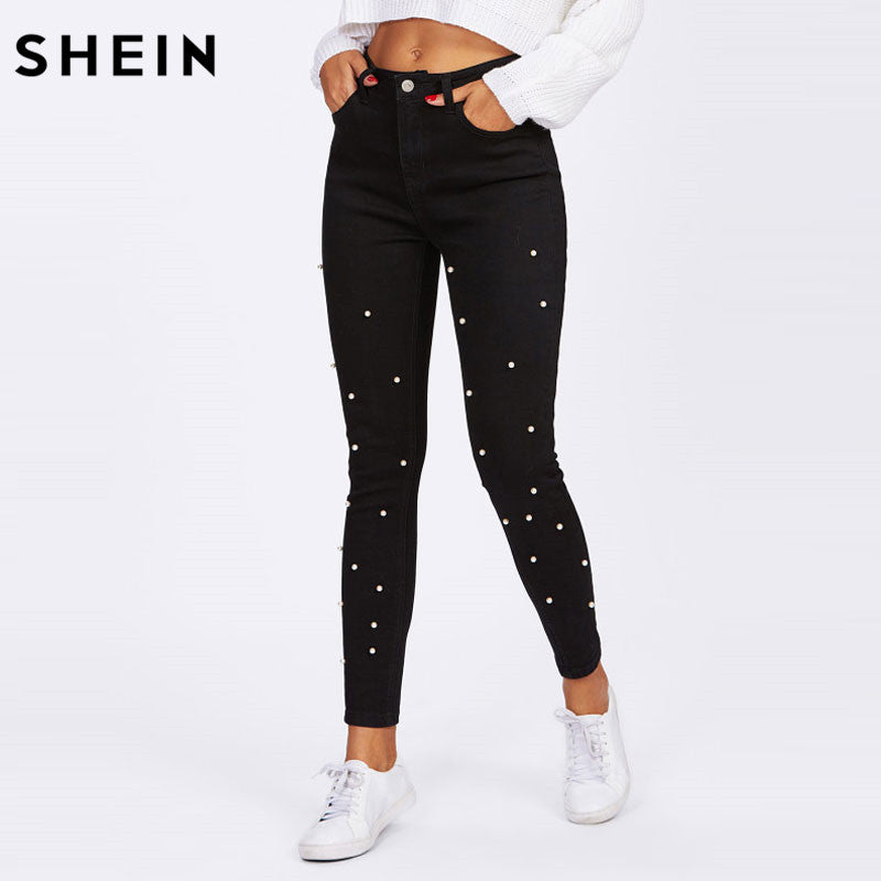 SHEIN Women Jeans Pants Skinny Pearl Beaded Front Jeans Summer Spring Mid Waist Zipper Fly Long Denim Casual Pants - YuppyCollections