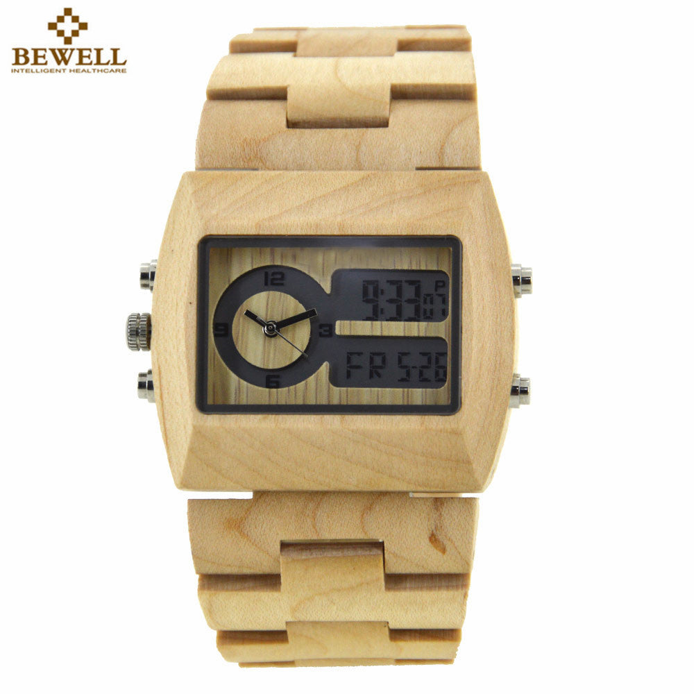 BEWELL Natural Wood Watch Men Quartz Watches Dual Time Zone Wooden Wristwatch Rectangle Dial Relogio LED Digital Watch Box 021A - YuppyCollections