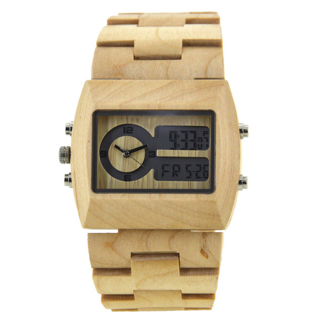 BEWELL Natural Wood Watch Men Quartz Watches Dual Time Zone Wooden Wristwatch Rectangle Dial Relogio LED Digital Watch Box 021A - YuppyCollections