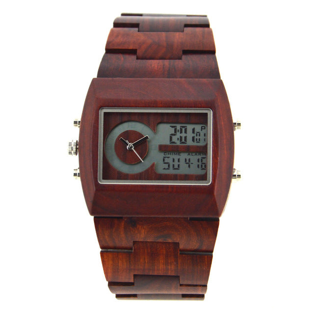 BEWELL Natural Wood Watch Men Quartz Watches Dual Time Zone Wooden Wristwatch Rectangle Dial Relogio LED Digital Watch Box 021A - YuppyCollections