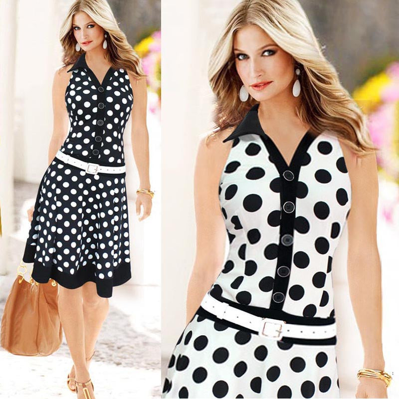 Women Fashion Polka Dot Sleeveless V-neck Print Dress - YuppyCollections