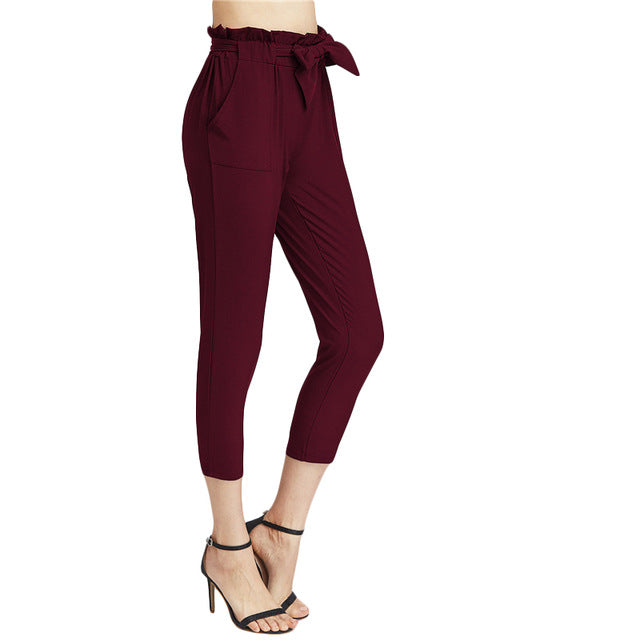 COLROVIE 2018 High Waist Capri Pants Burgundy Elastic Waist Ruffle Waist Self Tie Bow Carrot Pants Women Elegant Trousers - YuppyCollections