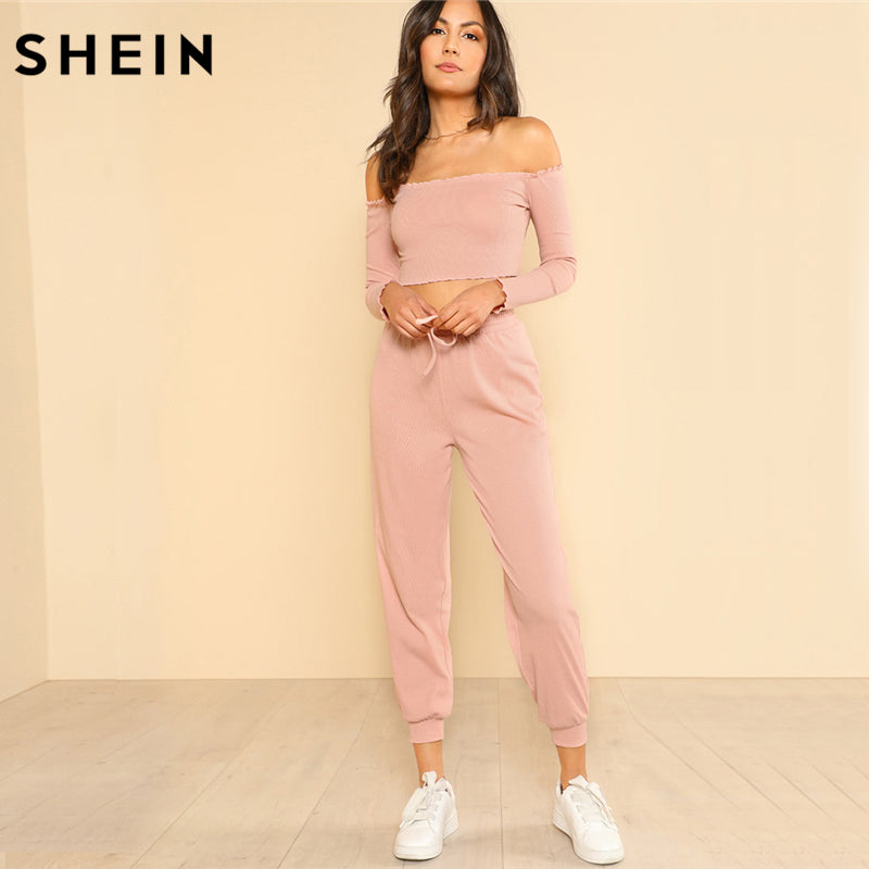 SHEIN Women 2 Piece Set Top and Pants Casual Woman Set Pink Off the Shoulder Crop Bardot Top and Drawstring Pants Set - YuppyCollections