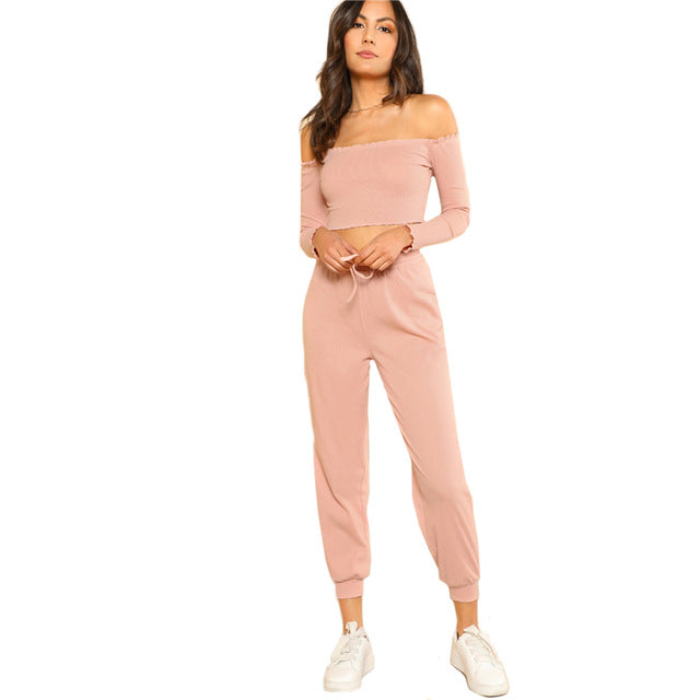 SHEIN Women 2 Piece Set Top and Pants Casual Woman Set Pink Off the Shoulder Crop Bardot Top and Drawstring Pants Set - YuppyCollections