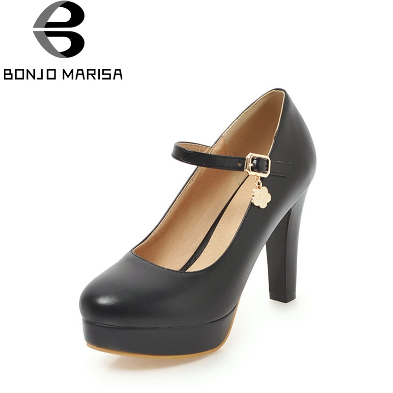 BONJOMARISA 2018 Spring Autumn Elegant Round Toe Ankle Strap Pumps Plus Size 31-47 Platform High Heels Shoes Woman - YuppyCollections