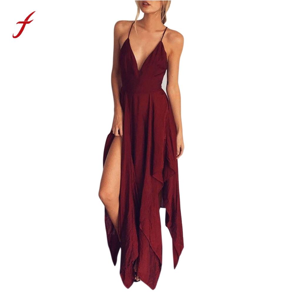 Feitong Women Summer Dress Boho Sexy Irregular Deep V Neck Spaghetti Strap Casual Beach Maxi Dress Sundress vestidos femininos - YuppyCollections