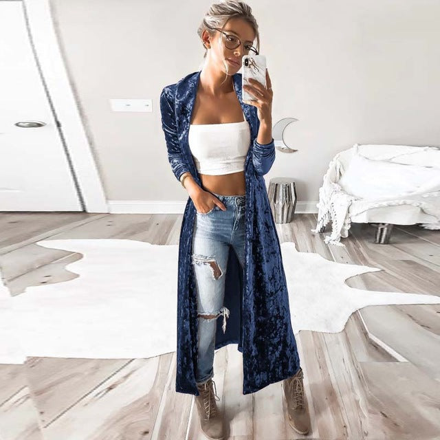 2018 Winter Leisure Lapel Neck Solid Long Sleeve Long Coat Retro Stylish Female Velvet Slim FIt Jackets Party Maxi Cardigans NEW - YuppyCollections