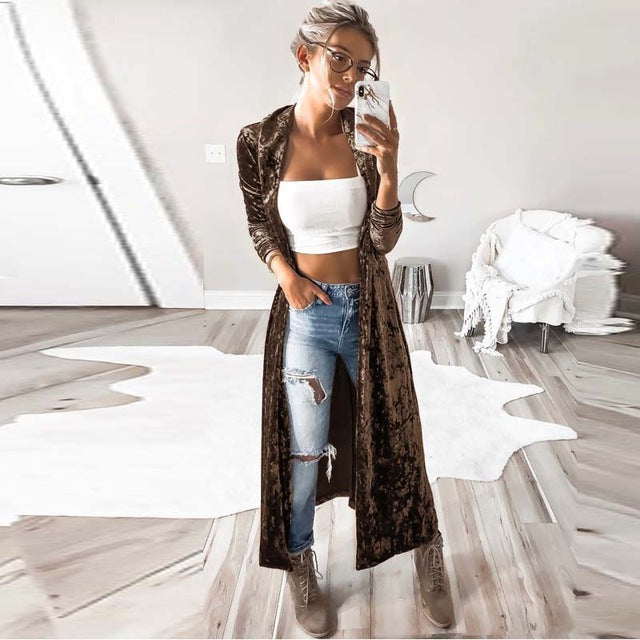 2018 Winter Leisure Lapel Neck Solid Long Sleeve Long Coat Retro Stylish Female Velvet Slim FIt Jackets Party Maxi Cardigans NEW - YuppyCollections