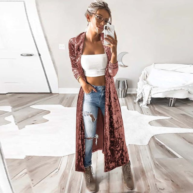 2018 Winter Leisure Lapel Neck Solid Long Sleeve Long Coat Retro Stylish Female Velvet Slim FIt Jackets Party Maxi Cardigans NEW - YuppyCollections