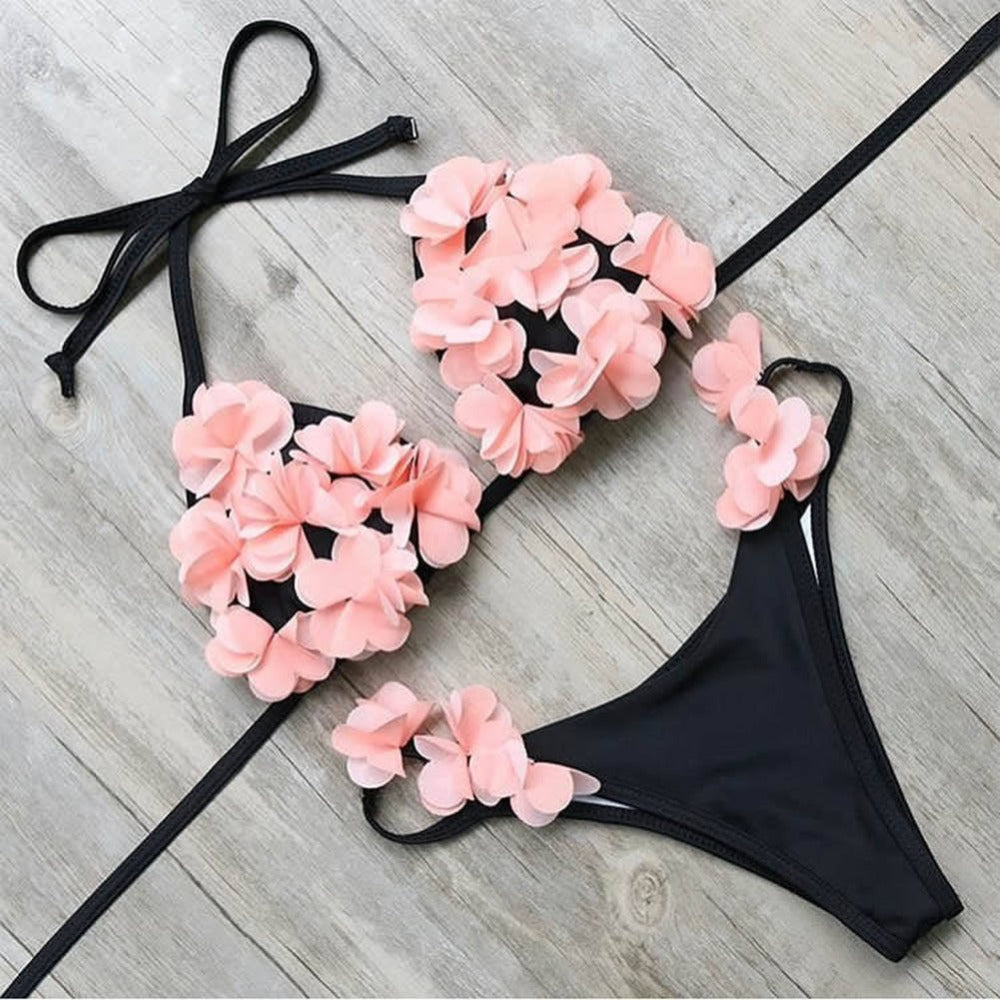 2018 Ne Sexy Brazilian Floral Bikini Set Women Swimsuit 3D Flower Bodysuit Bandage Halter Push up Padded Bathing Suit Beach Wear - YuppyCollections