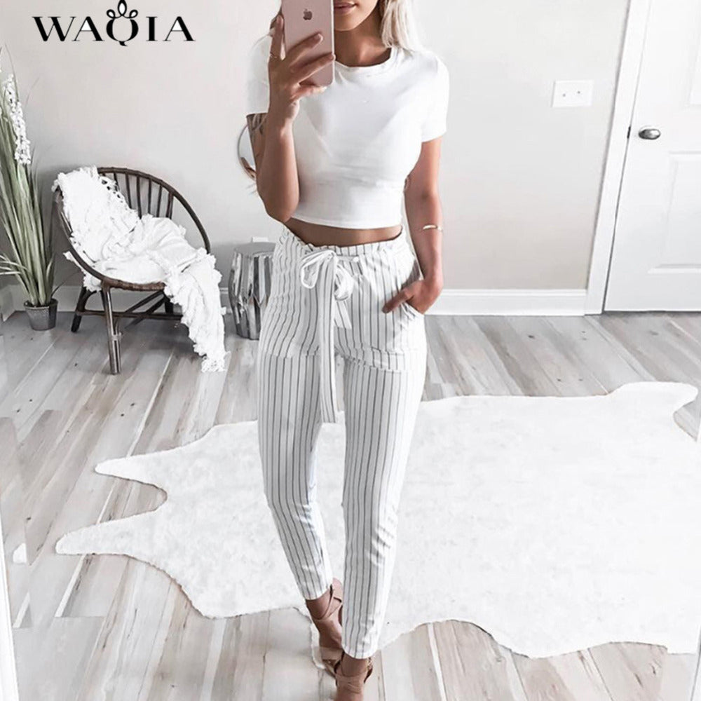 WAQIA 2018 Women OL Striped High Waist Pencil Pants Bow Tie Drawstring Sweet Elastic Waist Pockets Casual Trousers Pantalones - YuppyCollections