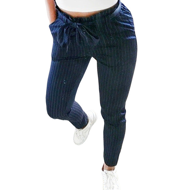 WAQIA 2018 Women OL Striped High Waist Pencil Pants Bow Tie Drawstring Sweet Elastic Waist Pockets Casual Trousers Pantalones - YuppyCollections