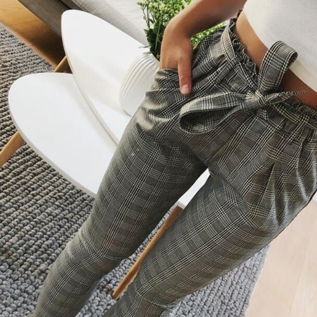 WAQIA 2018 Women OL Striped High Waist Pencil Pants Bow Tie Drawstring Sweet Elastic Waist Pockets Casual Trousers Pantalones - YuppyCollections