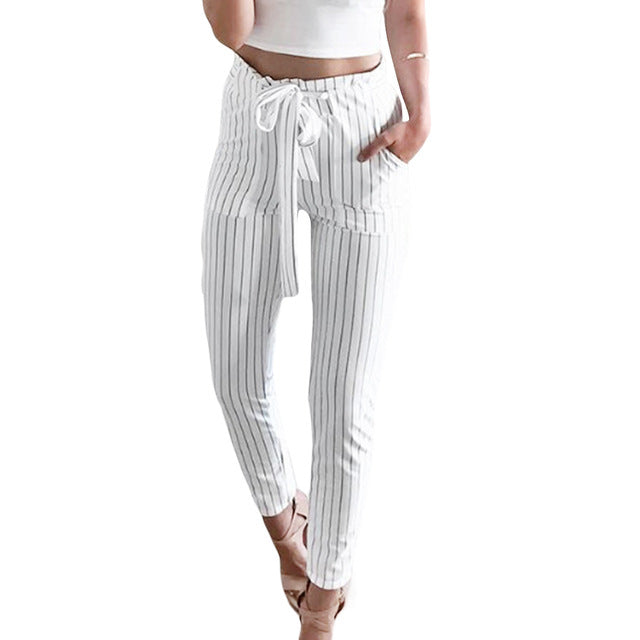 WAQIA 2018 Women OL Striped High Waist Pencil Pants Bow Tie Drawstring Sweet Elastic Waist Pockets Casual Trousers Pantalones - YuppyCollections